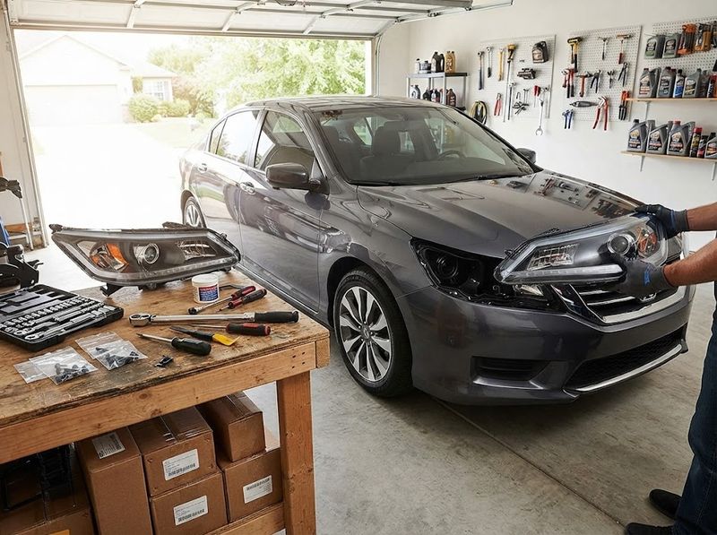 Headlight assembly swap underway on a sedan in a home garage